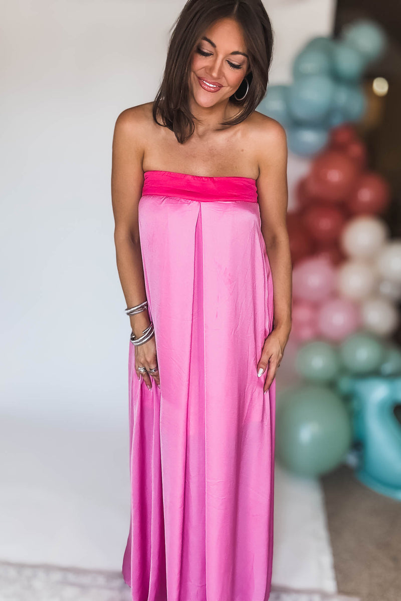 Pink Tube Tie Back Chest Color Block Maxi Dress