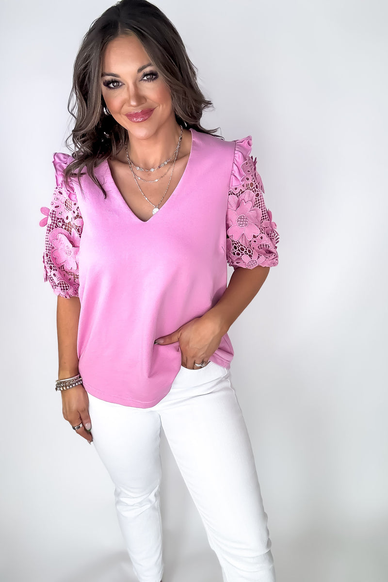 Keep It Authentic Pink Floral Lace Contrast Sleeve Top