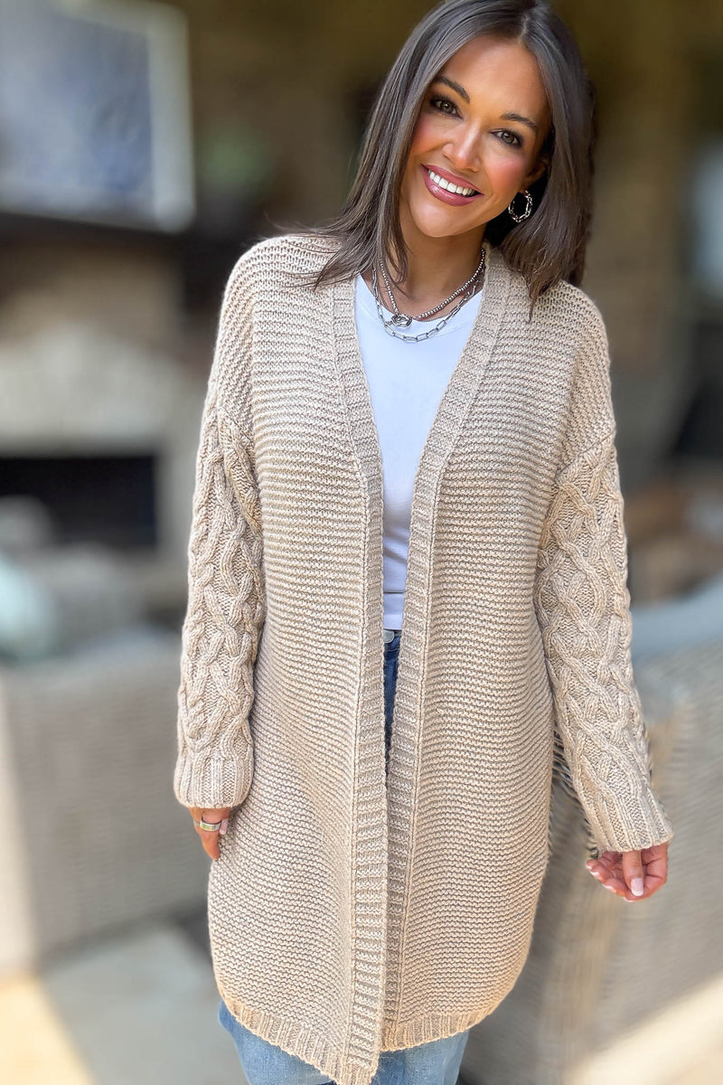 Taupe Long Detailed Sleeve Open Thick Knit Cardigan