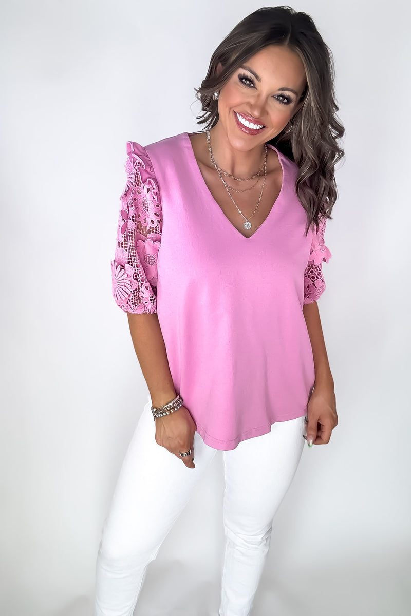 Keep It Authentic Pink Floral Lace Contrast Sleeve Top