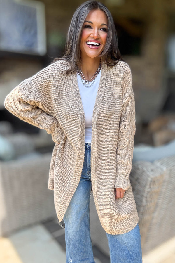 Taupe Long Detailed Sleeve Open Thick Knit Cardigan