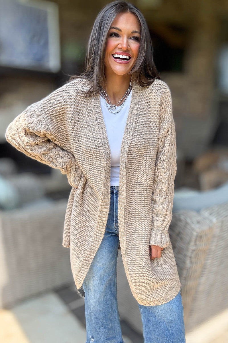 Taupe Long Detailed Sleeve Open Thick Knit Cardigan