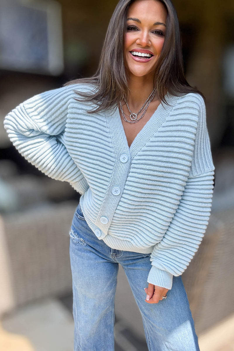 Ice Blue Solid Ribbed Knit Button Closure Cardigan Sweater