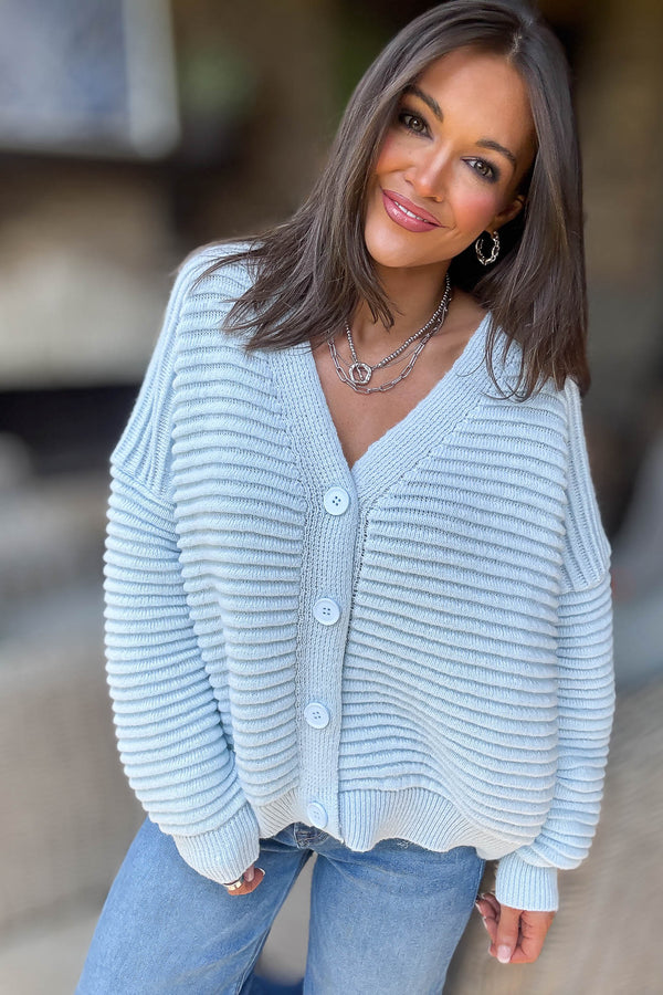 Ice Blue Solid Ribbed Knit Button Closure Cardigan Sweater