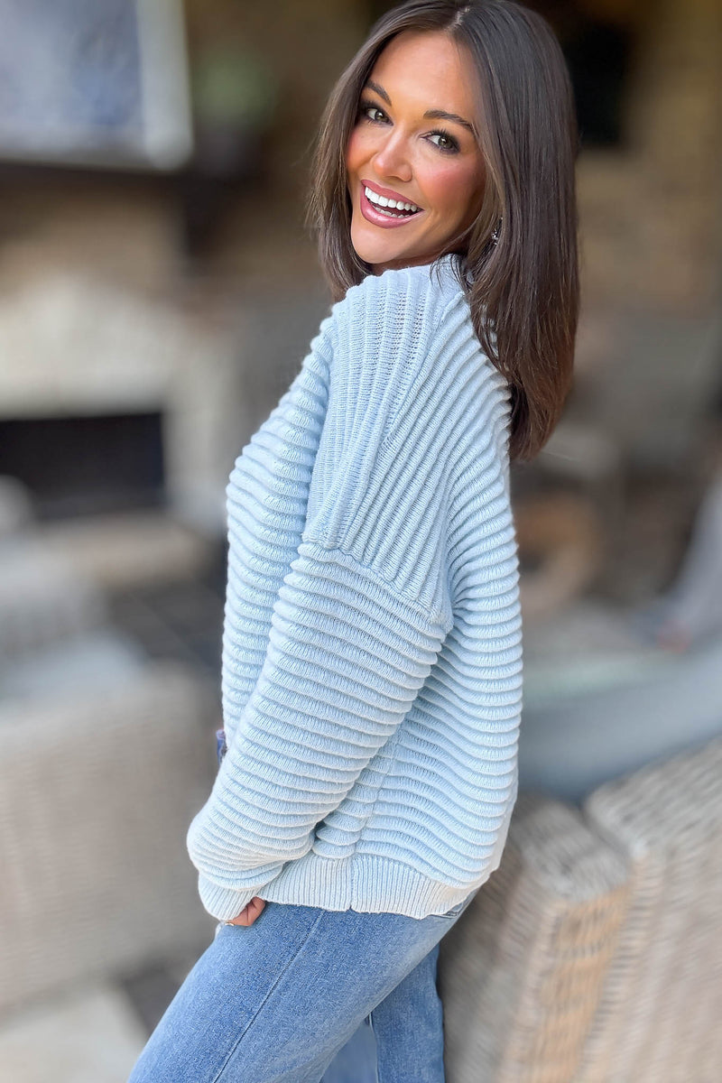 Ice Blue Solid Ribbed Knit Button Closure Cardigan Sweater
