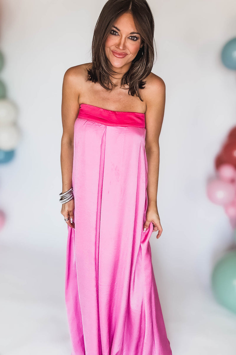 Pink Tube Tie Back Chest Color Block Maxi Dress