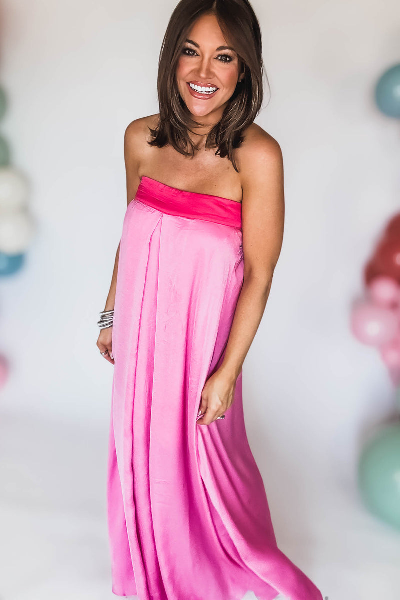 Pink Tube Tie Back Chest Color Block Maxi Dress