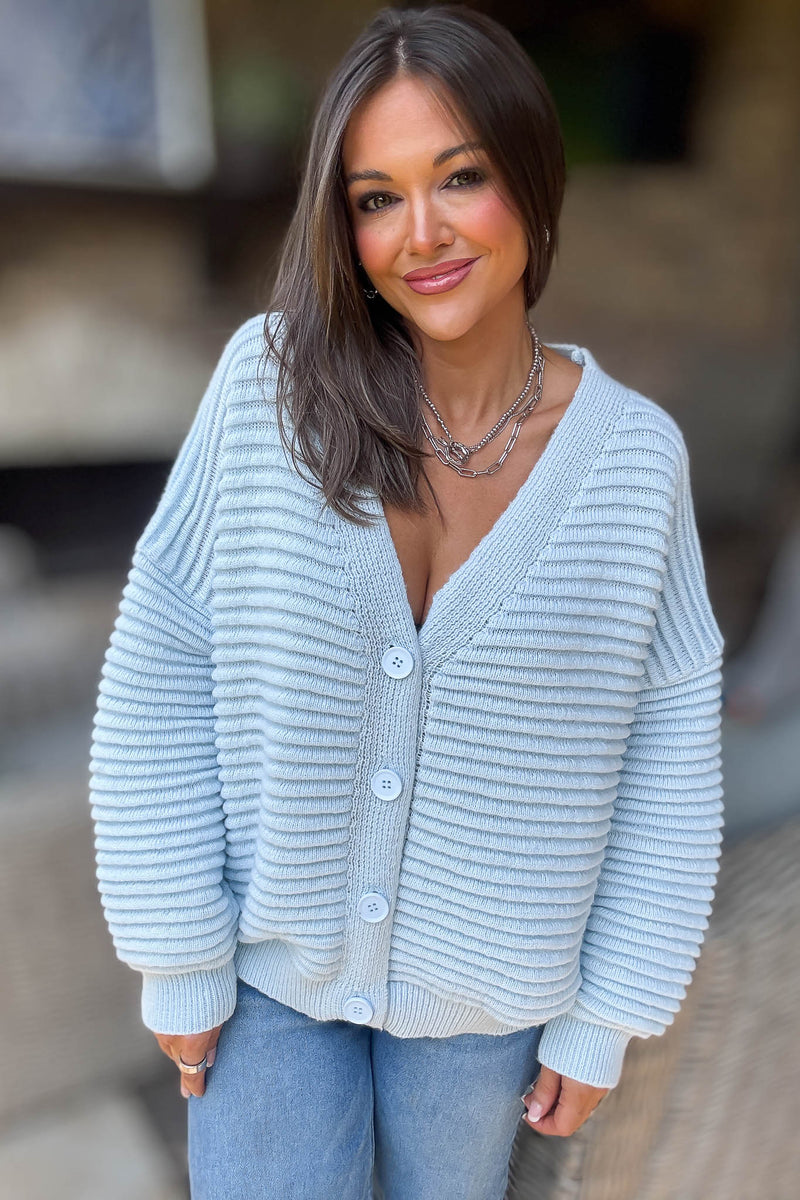 Ice Blue Solid Ribbed Knit Button Closure Cardigan Sweater