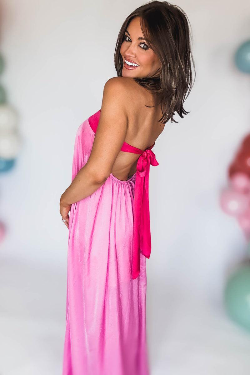 Pink Tube Tie Back Chest Color Block Maxi Dress