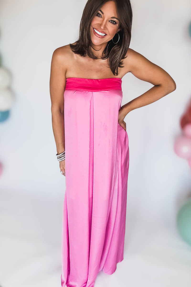 Pink Tube Tie Back Chest Color Block Maxi Dress