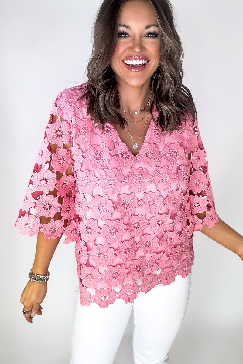 Luxe Pink Scalloped Floral Lace V-Neck Top