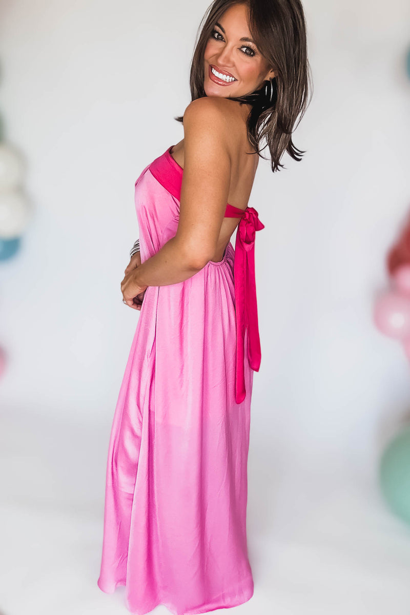 Pink Tube Tie Back Chest Color Block Maxi Dress