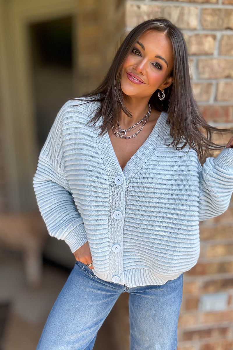 Ice Blue Solid Ribbed Knit Button Closure Cardigan Sweater