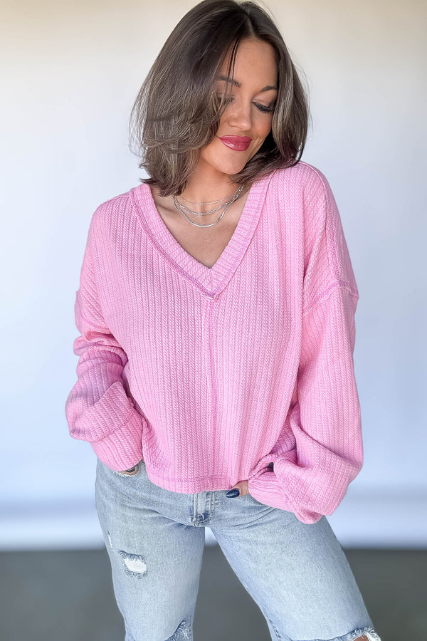 Casual Comfy Pink Soft V-Neck Knit Top
