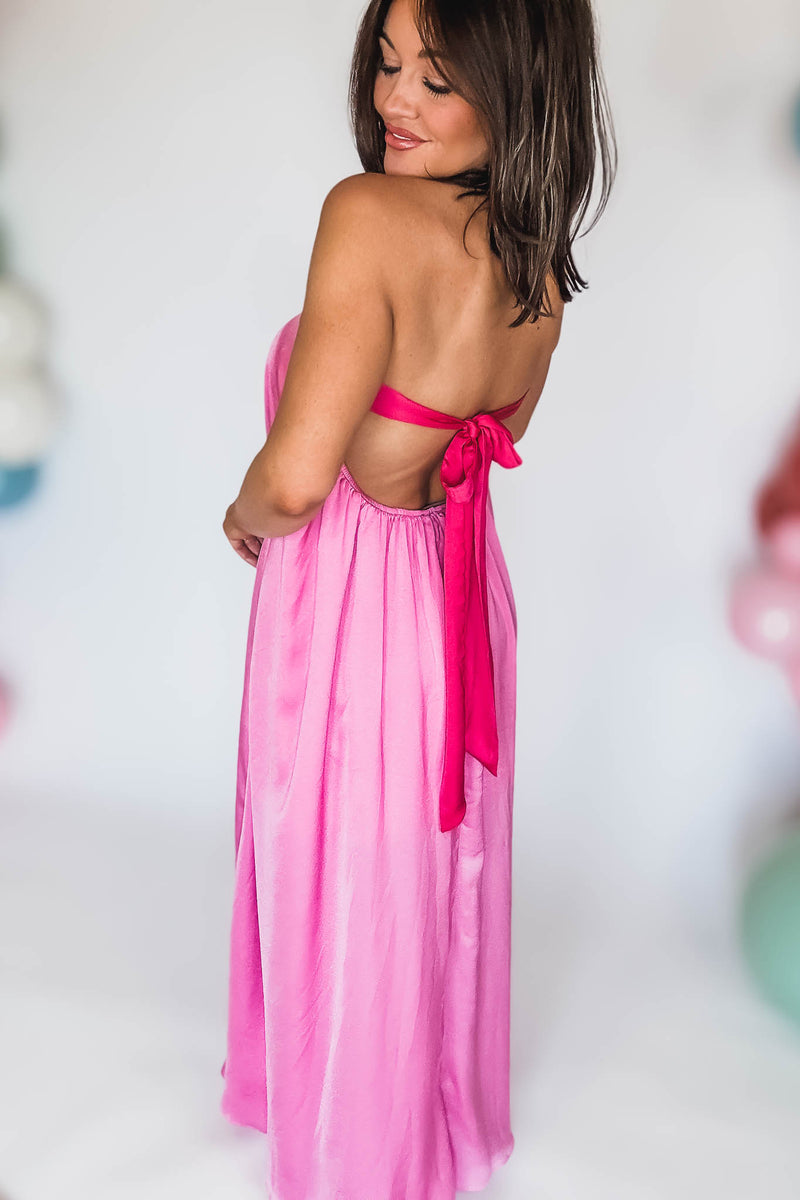 Pink Tube Tie Back Chest Color Block Maxi Dress