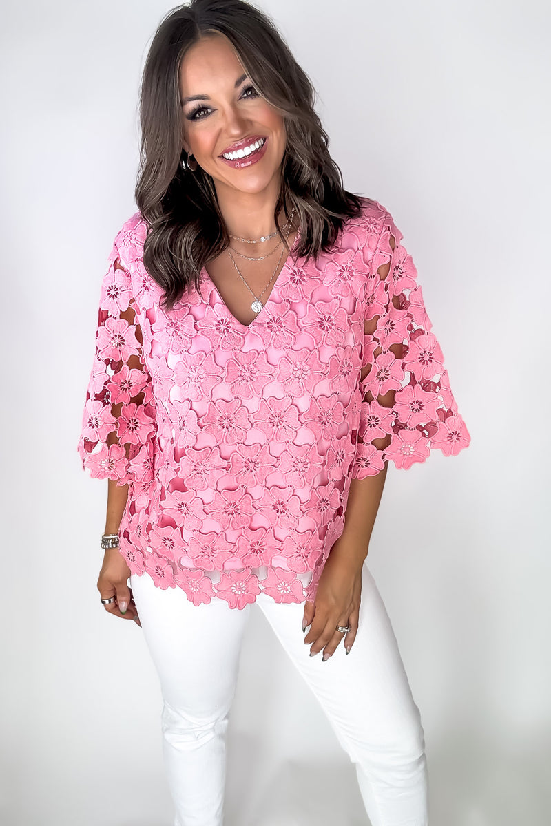 Luxe Pink Scalloped Floral Lace V-Neck Top