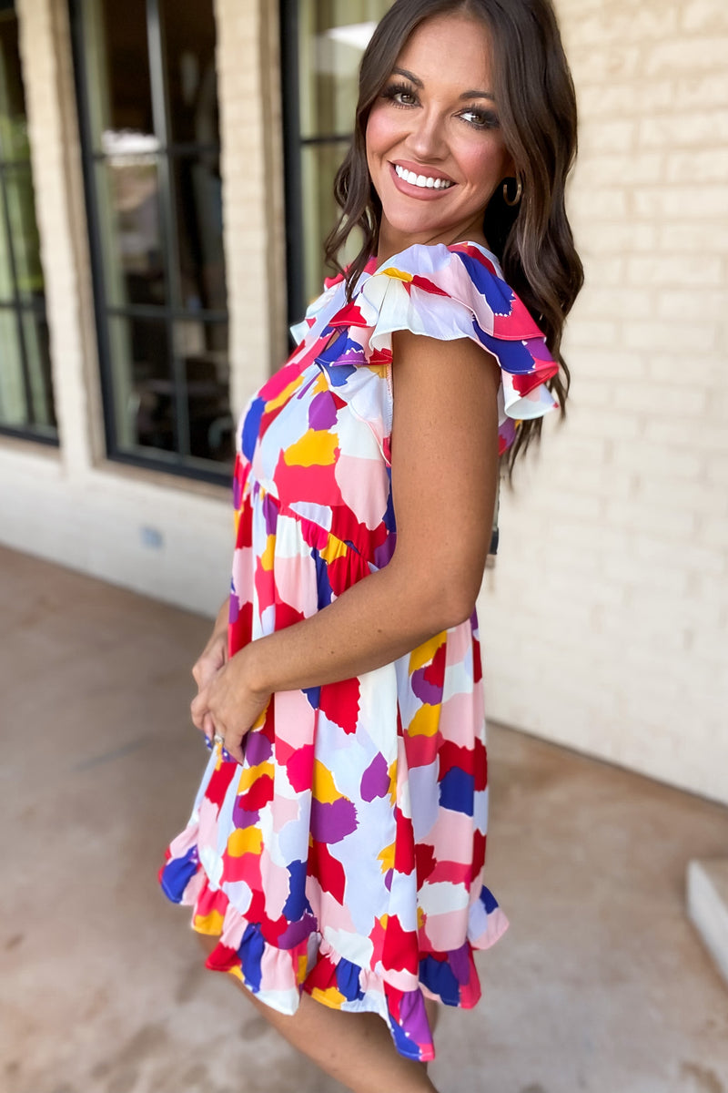 No Cloudy Days Print Ruffled Cap Shoulder Dress