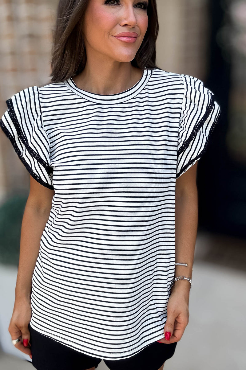 White And Black Striped Ruffle Tiered Top