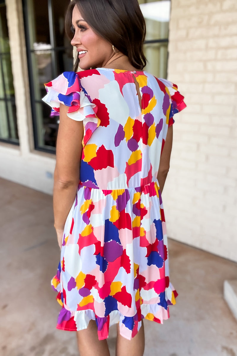 No Cloudy Days Print Ruffled Cap Shoulder Dress