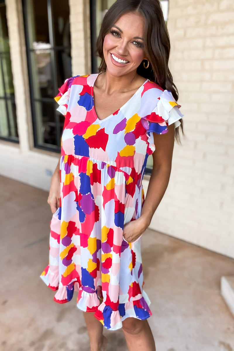 No Cloudy Days Print Ruffled Cap Shoulder Dress