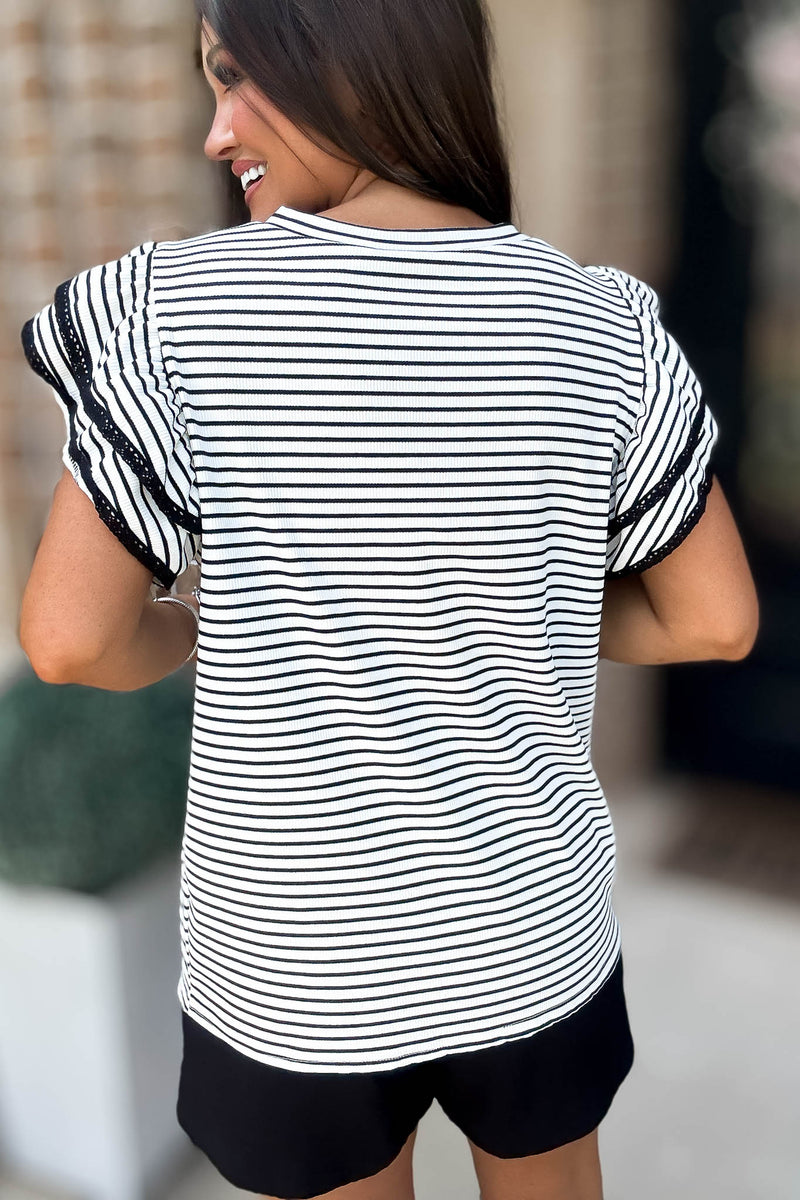 White And Black Striped Ruffle Tiered Top