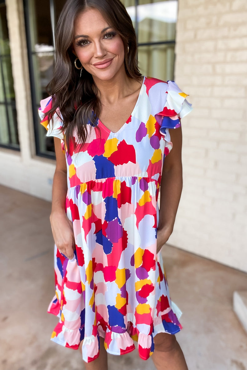 No Cloudy Days Print Ruffled Cap Shoulder Dress