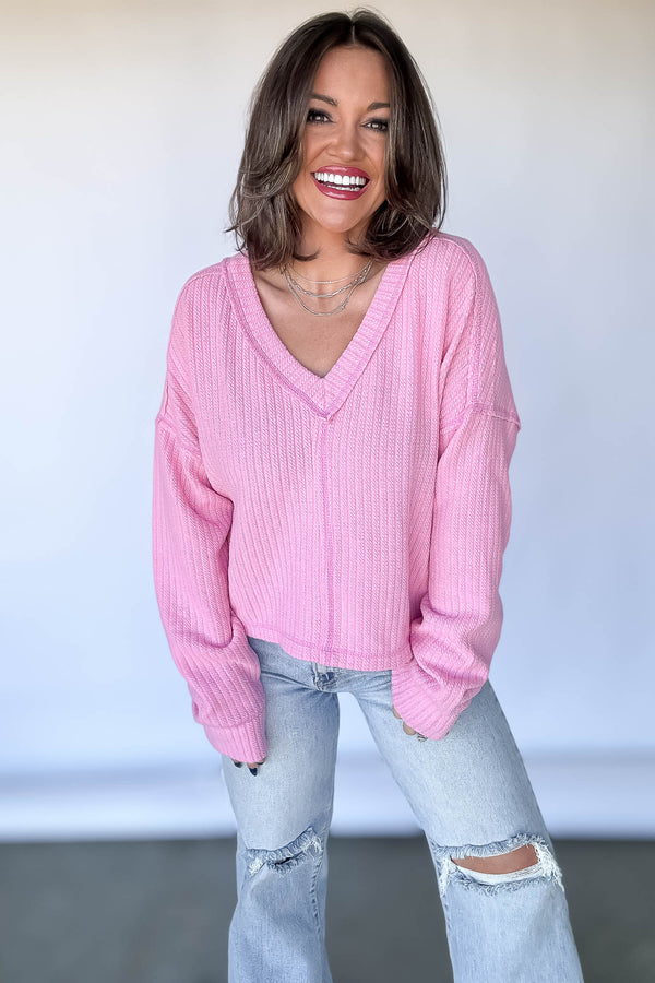 Casual Comfy Pink Soft V-Neck Knit Top