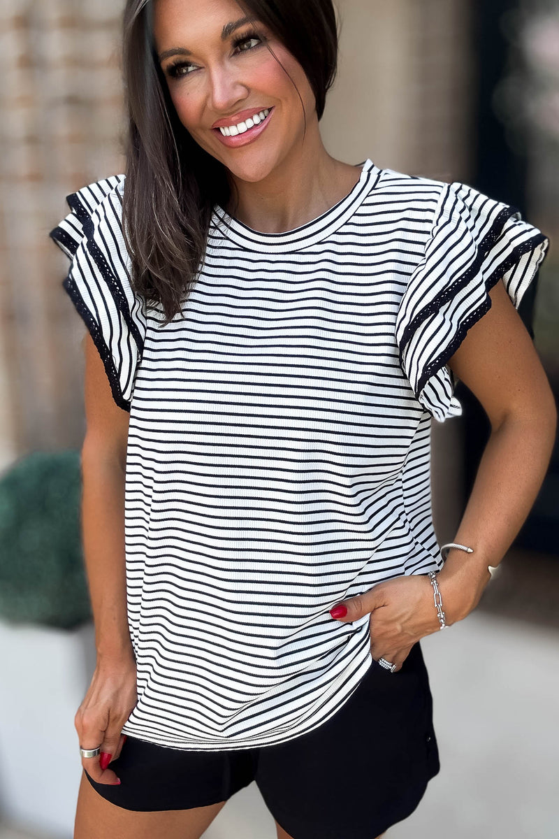 White And Black Striped Ruffle Tiered Top