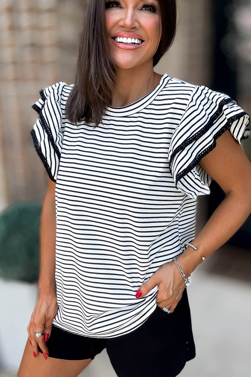White And Black Striped Ruffle Tiered Top