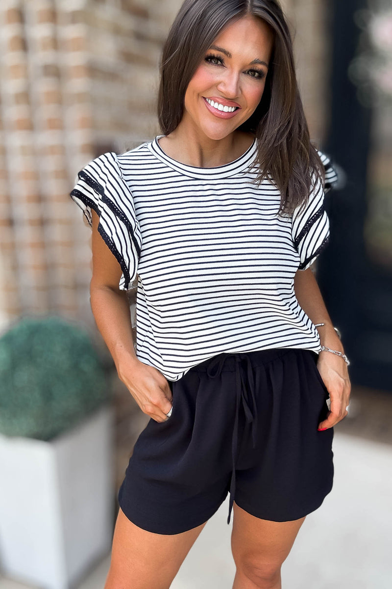White And Black Striped Ruffle Tiered Top