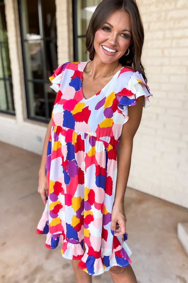 No Cloudy Days Print Ruffled Cap Shoulder Dress