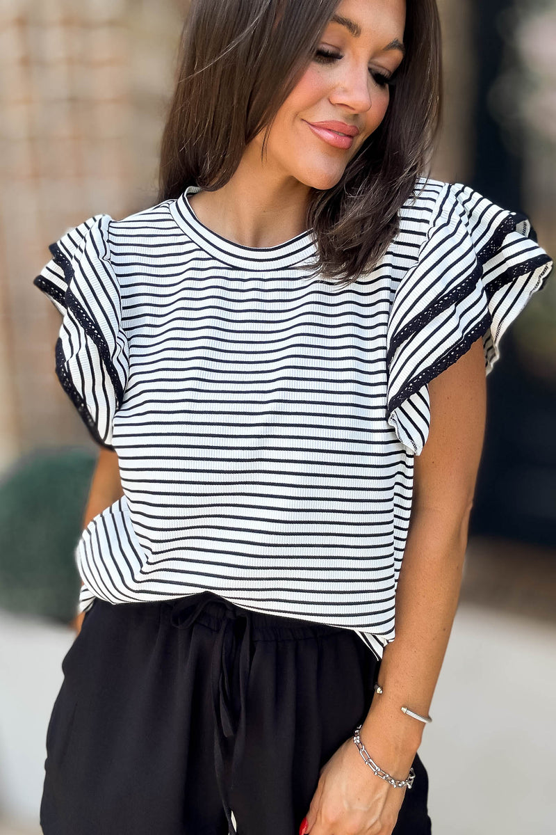 White And Black Striped Ruffle Tiered Top