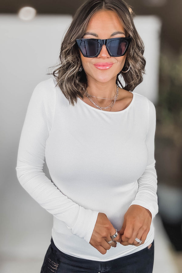 Barely There White Boat Neck Micro-Ribbed Top