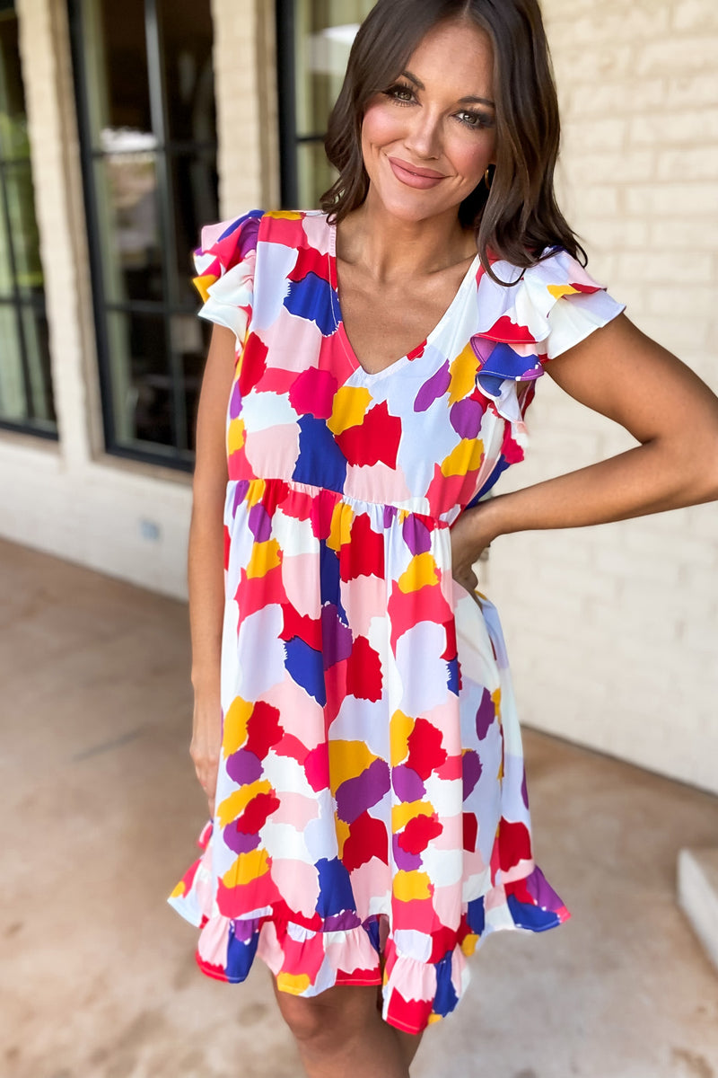 No Cloudy Days Print Ruffled Cap Shoulder Dress
