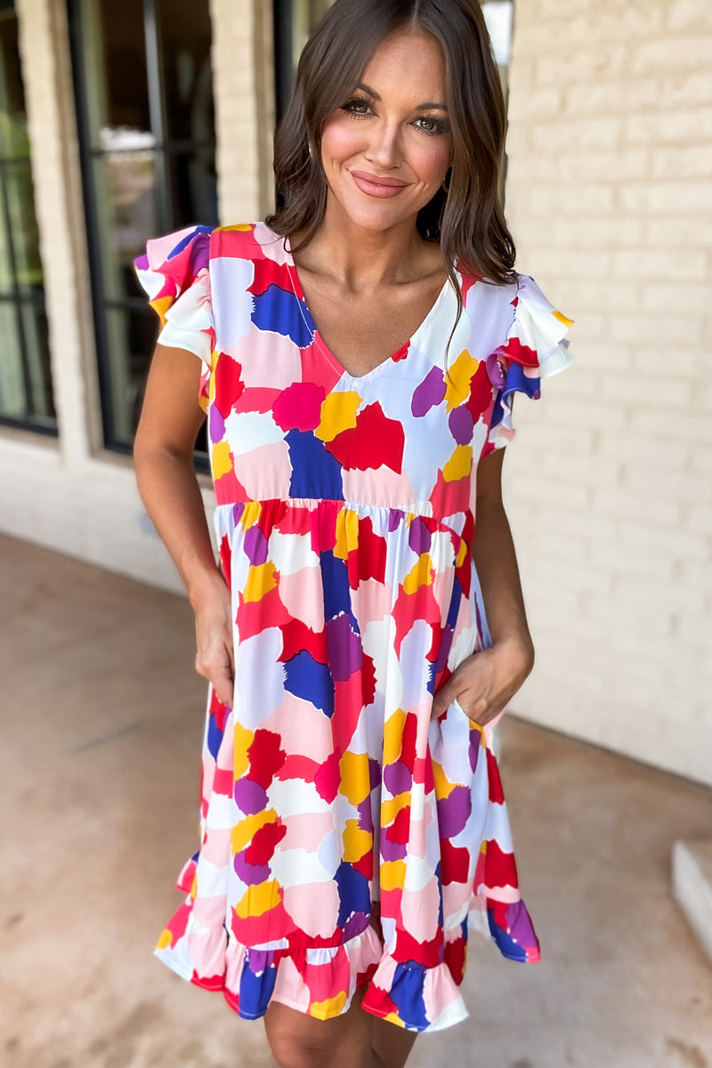 No Cloudy Days Print Ruffled Cap Shoulder Dress