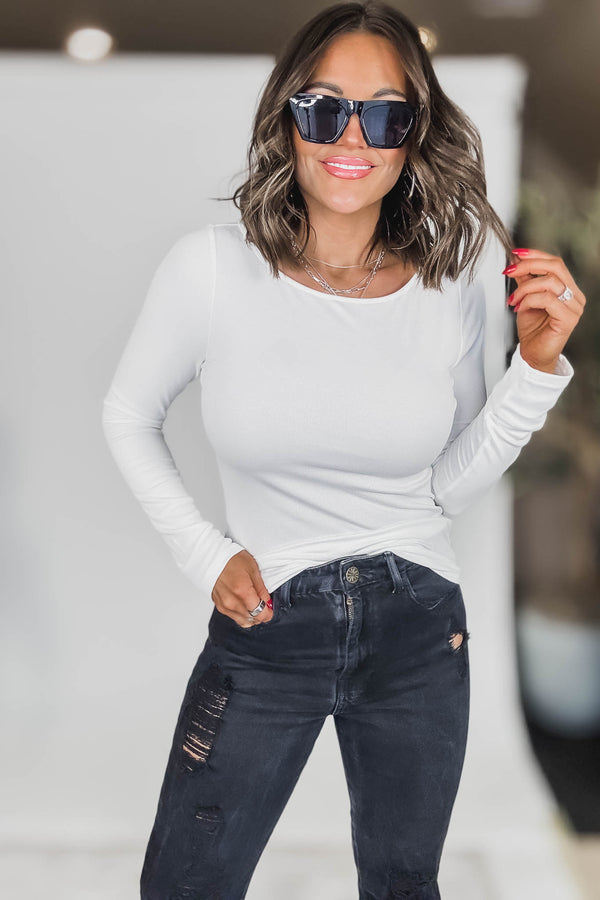 Barely There White Boat Neck Micro-Ribbed Top