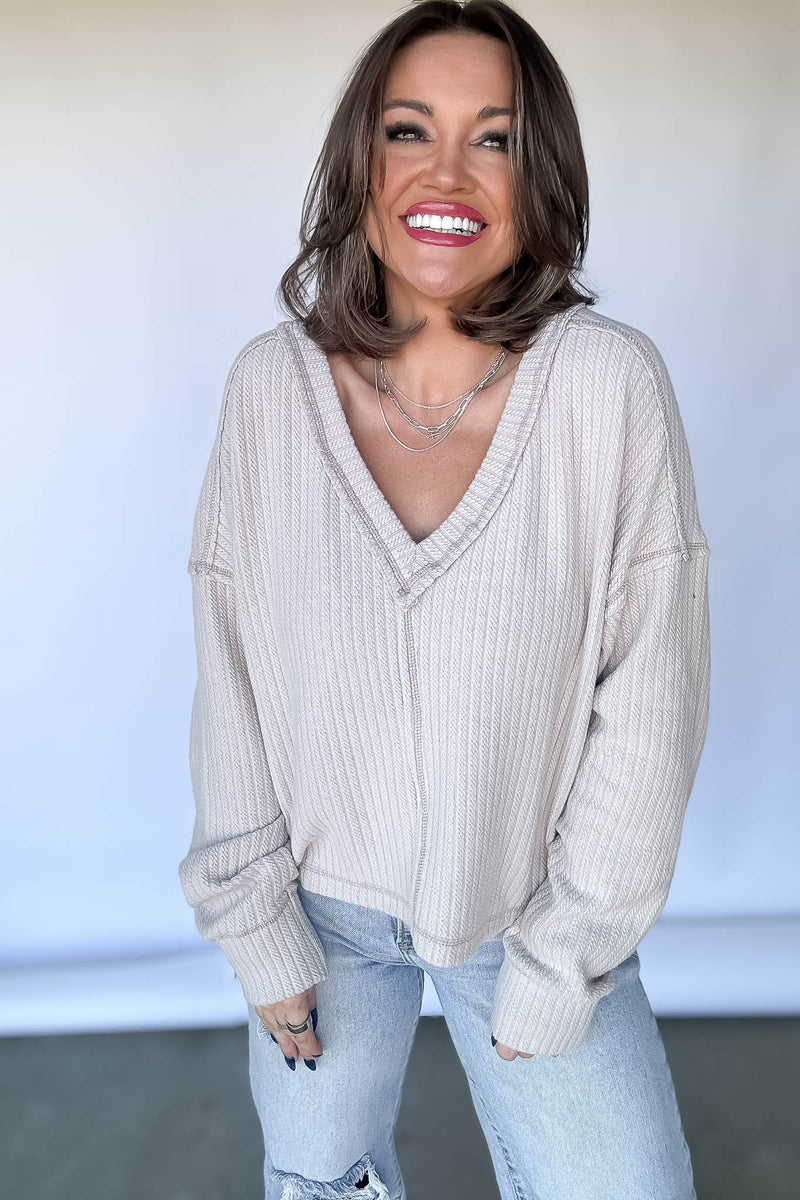 Casual Comfy Ecru Soft V-Neck Knit Top