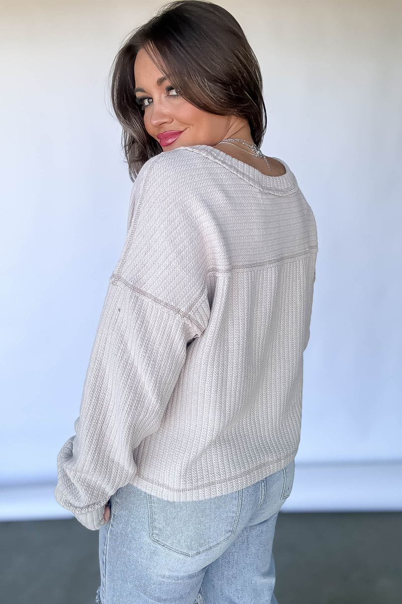 Casual Comfy Ecru Soft V-Neck Knit Top