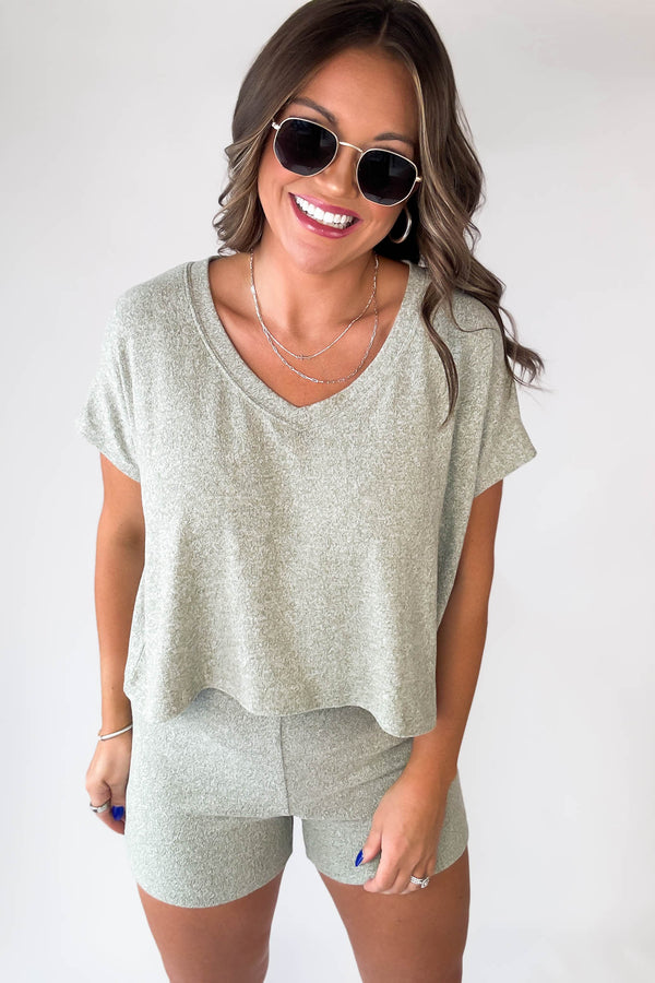 So Soft Light Olive Cashmere Like V-Neck Top