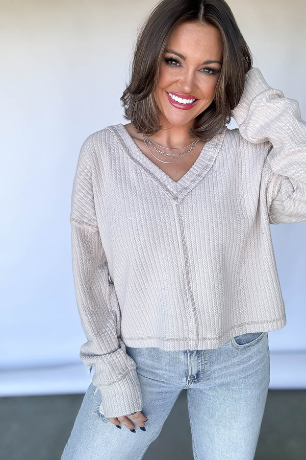 Casual Comfy Ecru Soft V-Neck Knit Top