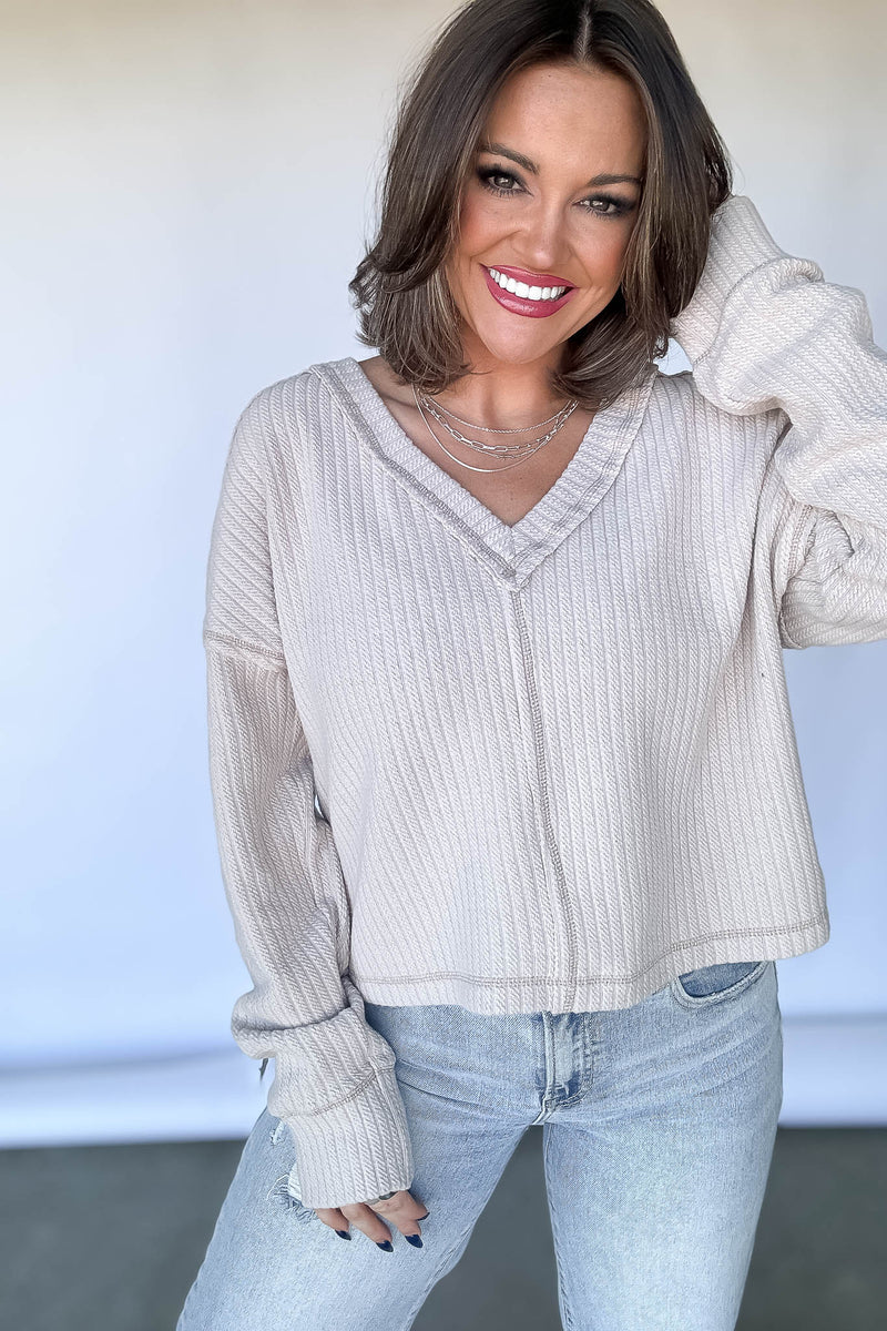 Casual Comfy Ecru Soft V-Neck Knit Top