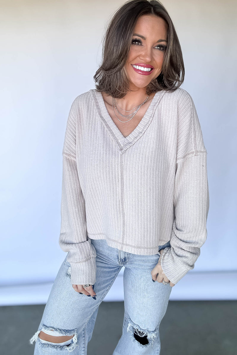 Casual Comfy Ecru Soft V-Neck Knit Top