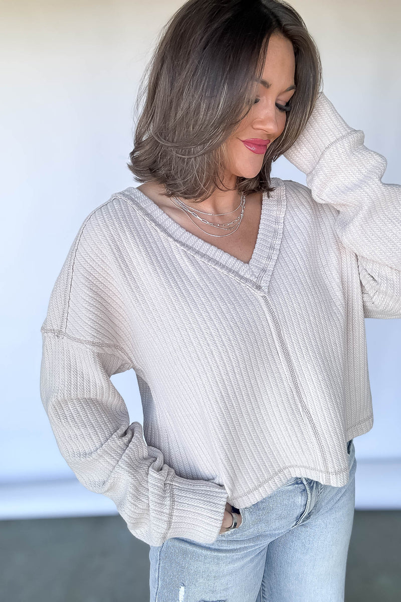 Casual Comfy Ecru Soft V-Neck Knit Top