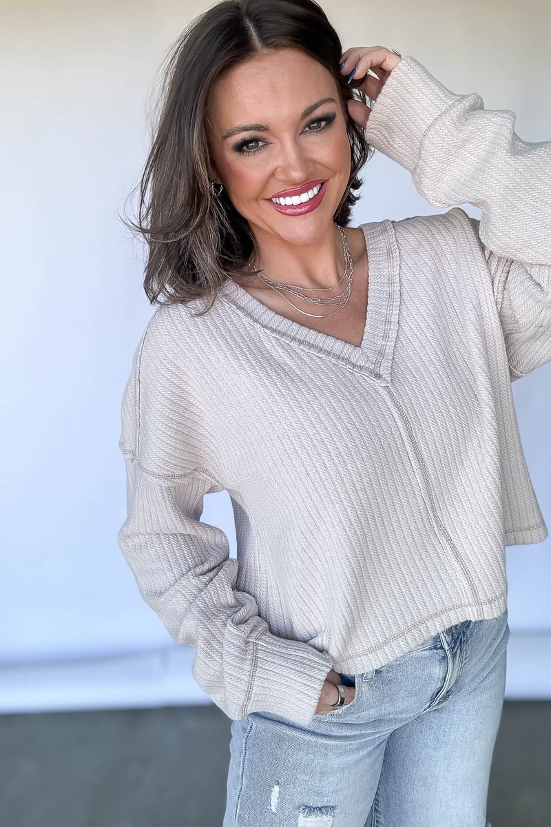 Casual Comfy Ecru Soft V-Neck Knit Top