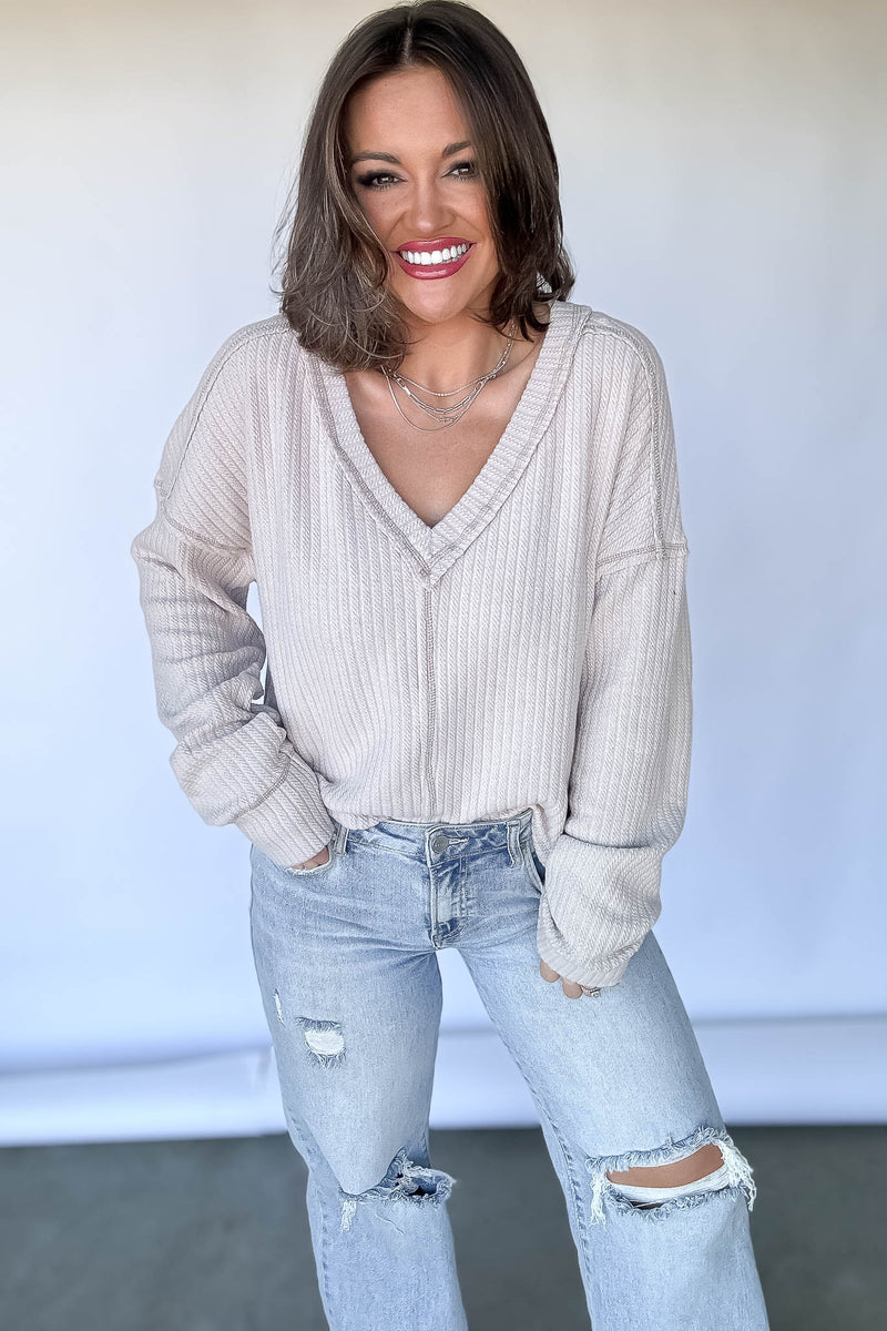 Casual Comfy Ecru Soft V-Neck Knit Top