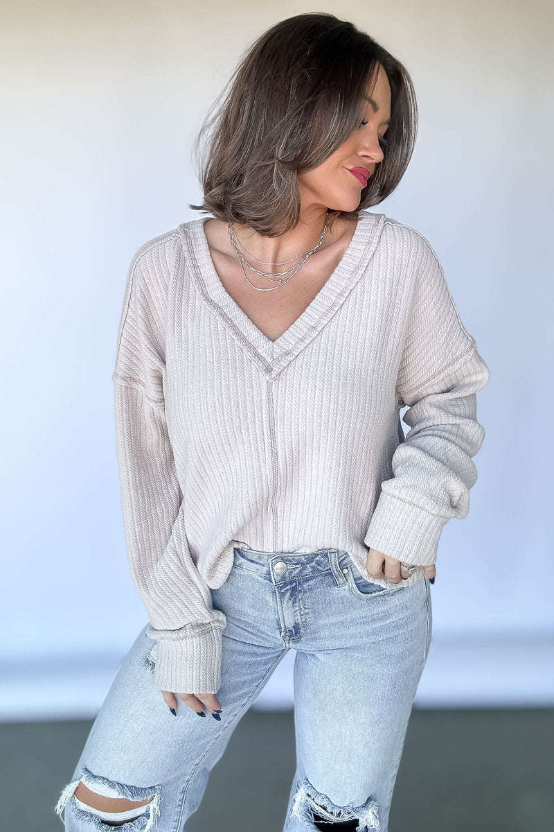 Casual Comfy Ecru Soft V-Neck Knit Top