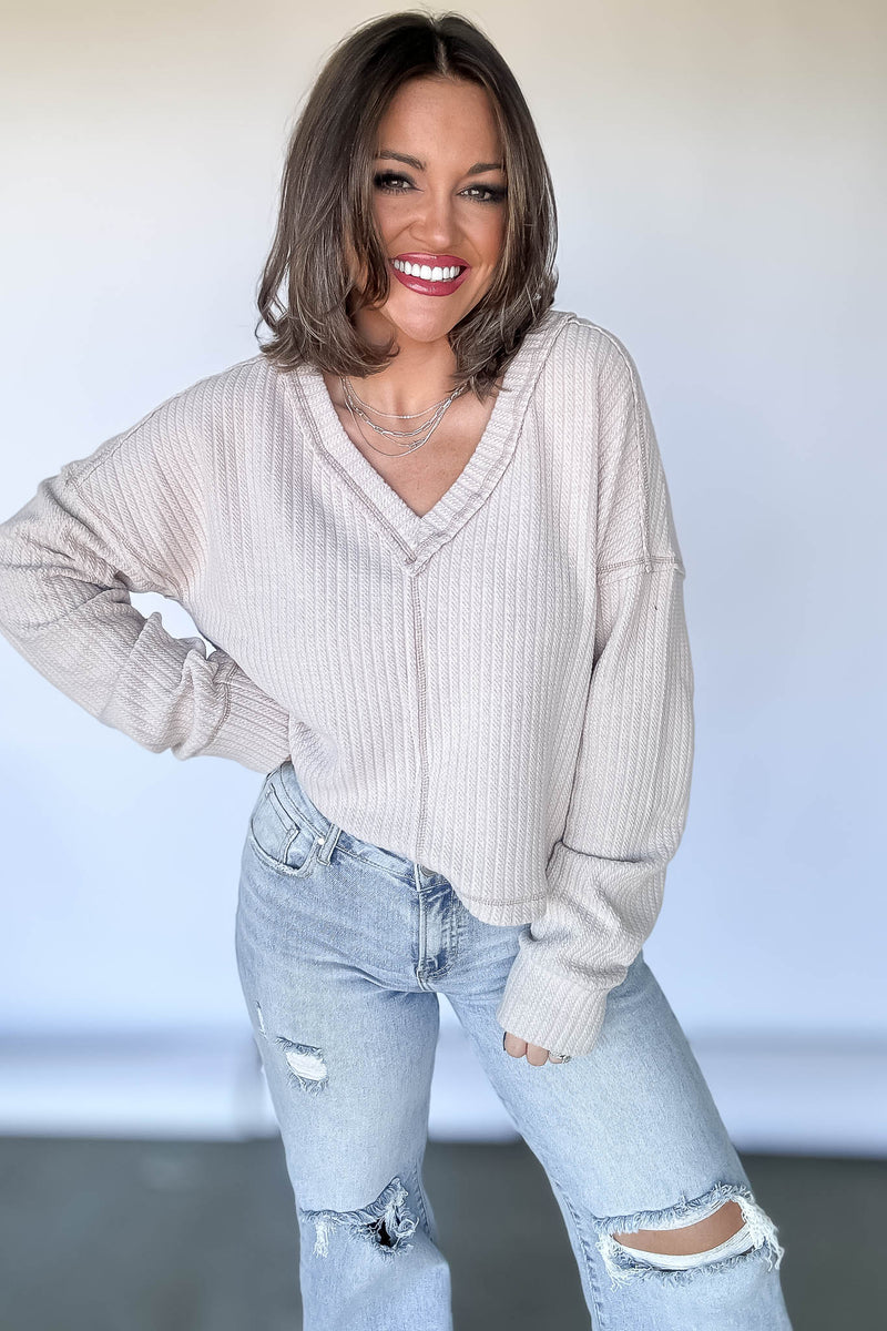 Casual Comfy Ecru Soft V-Neck Knit Top