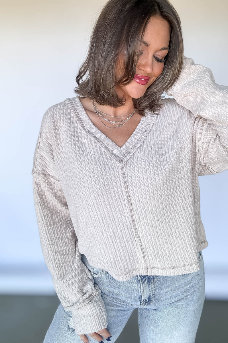 Casual Comfy Ecru Soft V-Neck Knit Top