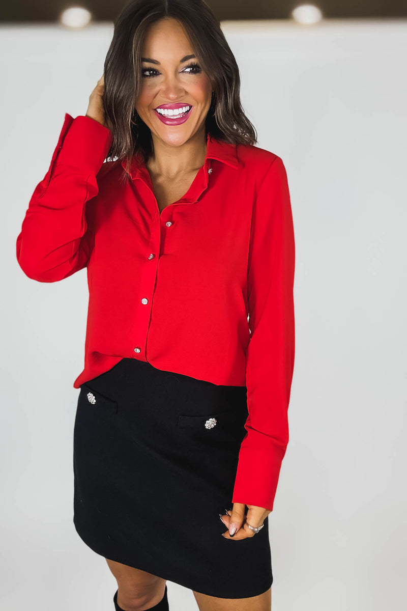 Red Textured Crepe Rhinestone Button Dress Shirt