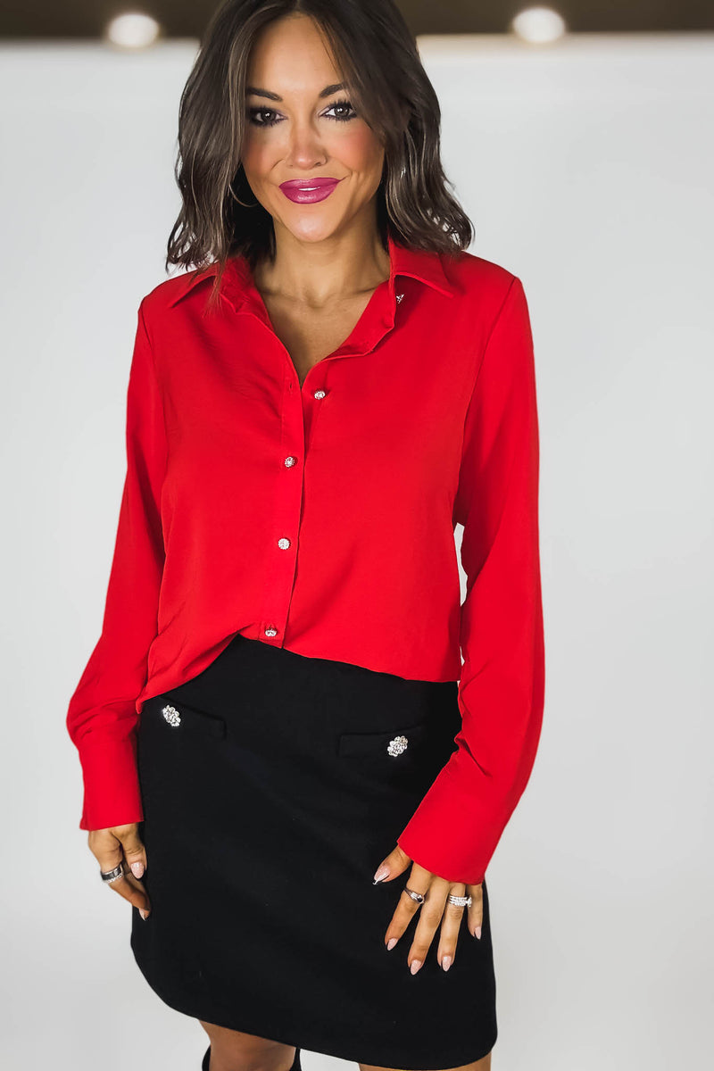 Red Textured Crepe Rhinestone Button Dress Shirt